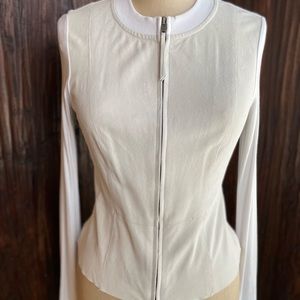 illia Goat Suede and Rib Knit Zip Front Cardigan in Crystal and White